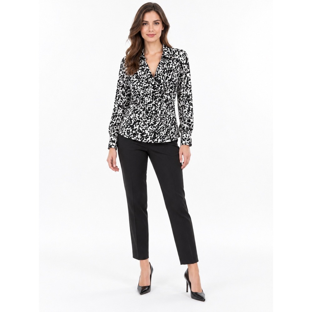 Calvin Klein Blouse Medium Black White Abstract Print Cowl Neck Long Sleeve NEW